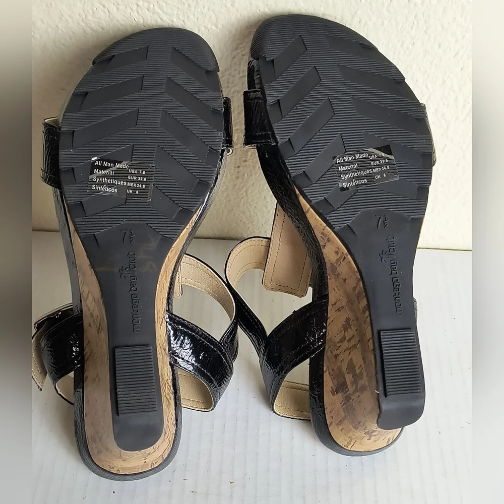 Montego Bay Club 7.5 Black and Tan Wedge Sandals  Slingback